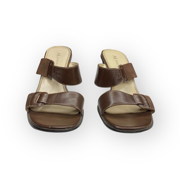 Vintage: Anne Klein 𖧷 Chunky Wood Heel Mules Sandals 𖧷 Brown Leather 𖧷 7.5M - Picture 14 of 16